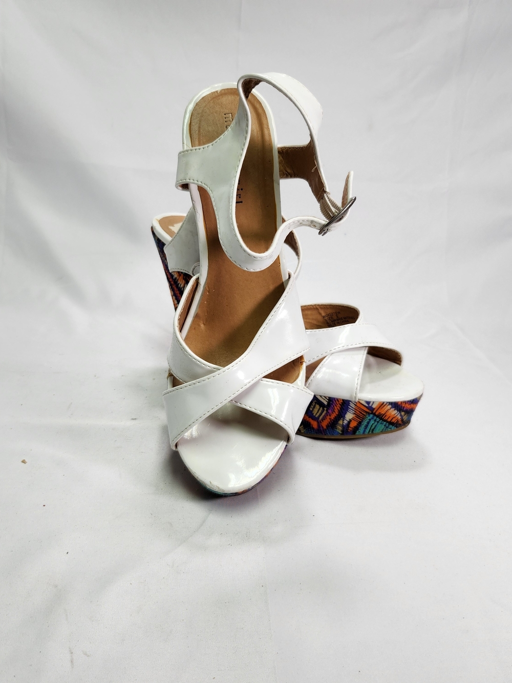 Madden Girl White Patent Strappy Platform Sandals with Colorful Patterned Wedge
